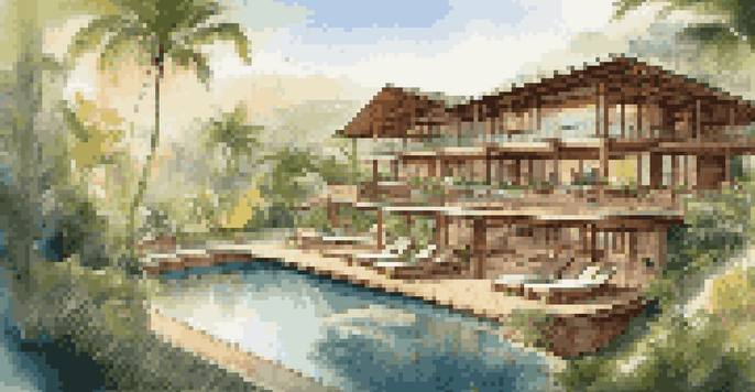 An eco-resort surrounded by greenery, featuring sustainable architecture and guests enjoying a peaceful atmosphere.