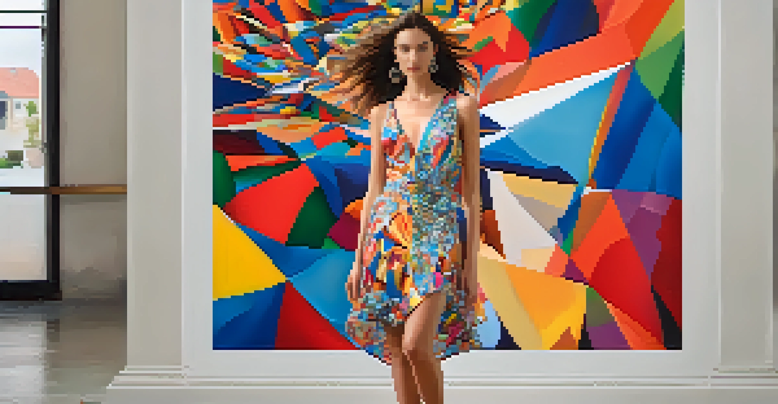 A model in an art-inspired dress stands in front of a colorful mural, blending fashion with contemporary art.