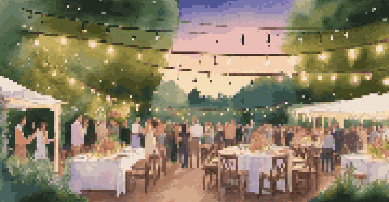 A sustainable wedding in a garden with biodegradable decorations and locally sourced food, attended by guests under fairy lights during sunset.