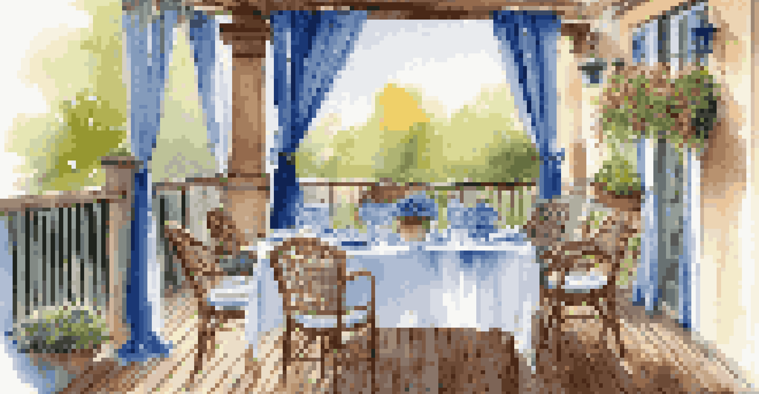 An outdoor dining area with blue curtains, a beautifully set table, and sunlight filtering through, creating a warm ambiance.