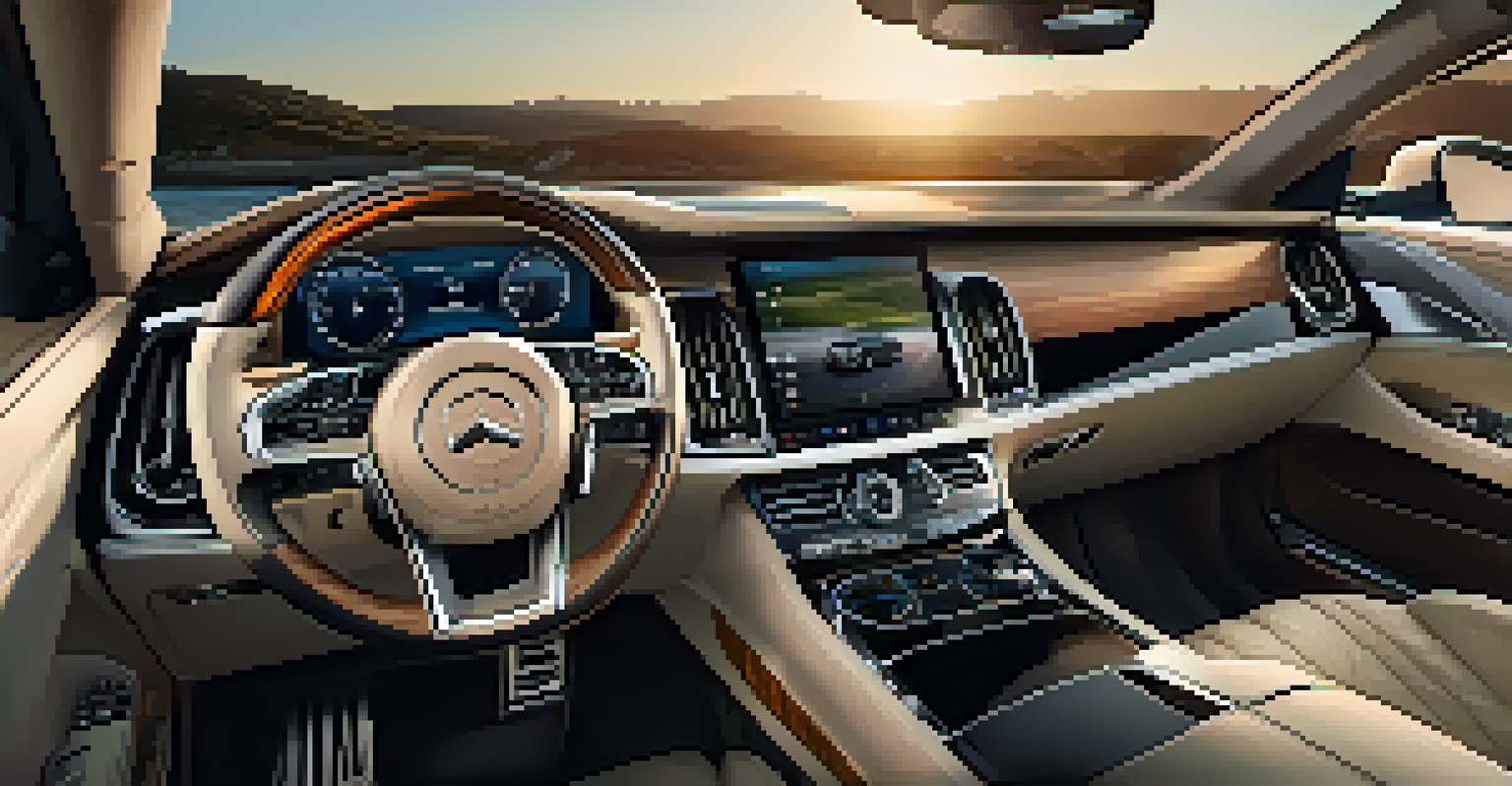 Close-up of a luxury vehicle's interior with leather seats and a wooden dashboard.