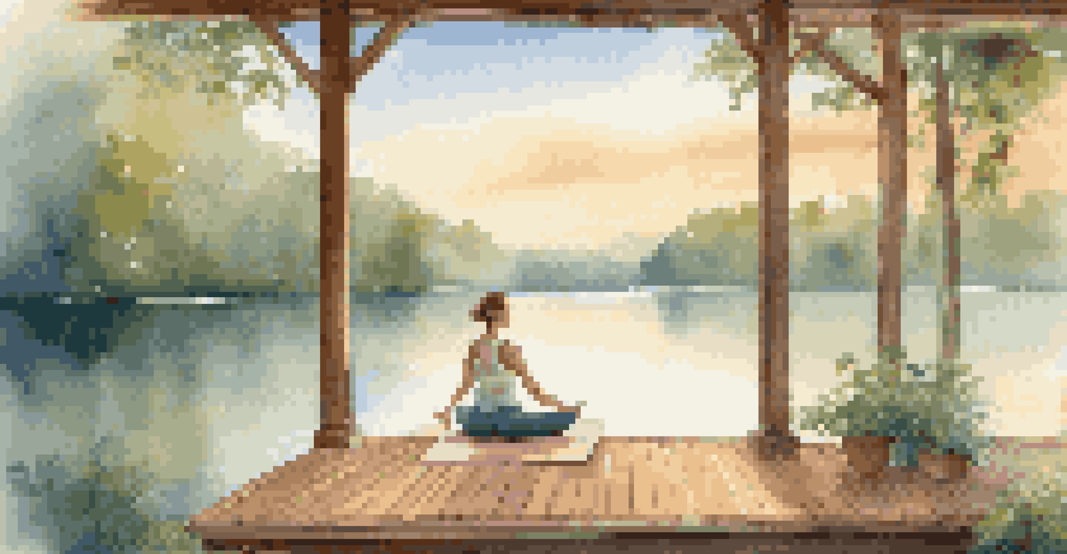 A person practicing yoga on a deck overlooking a lake at sunrise, surrounded by greenery and mist.