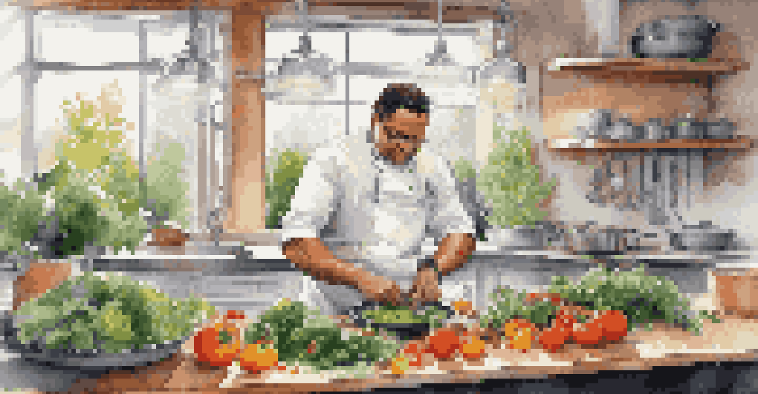 A chef preparing a gourmet vegan dish in a bright kitchen filled with fresh ingredients.