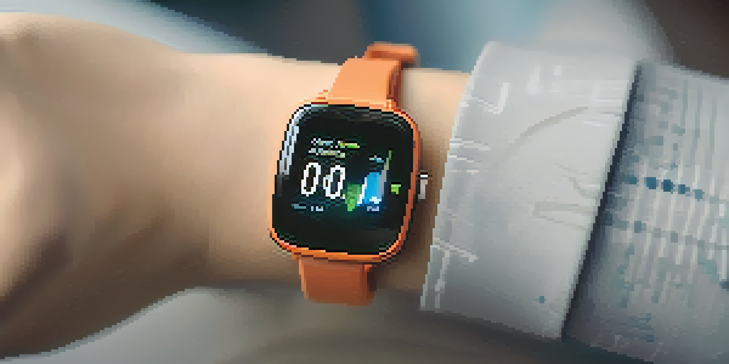 A stylish smartwatch on a wrist showing health metrics against a blurred gym background.