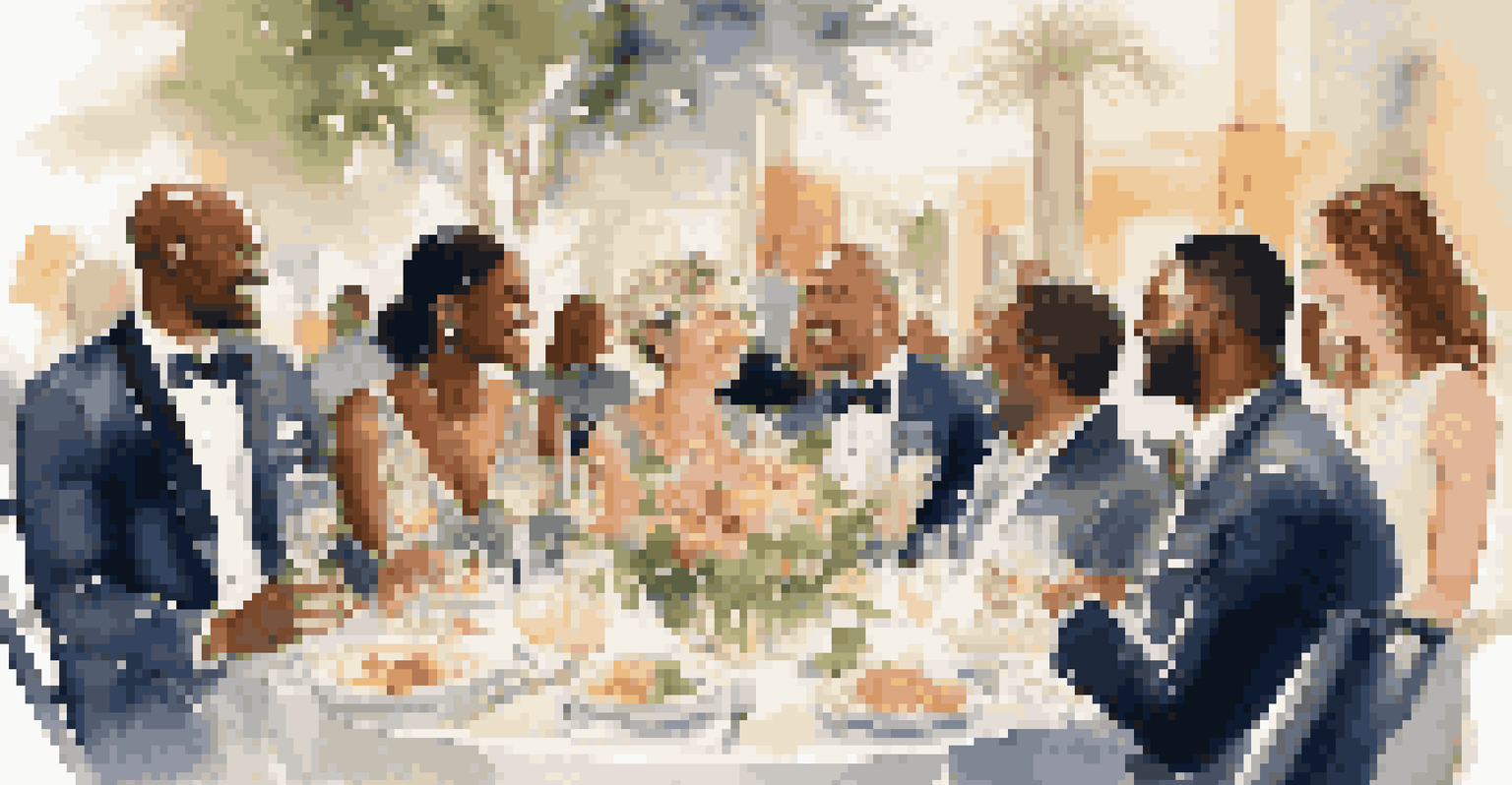 A diverse group of people sharing meaningful conversations at a luxury charity event, surrounded by elegant decor.