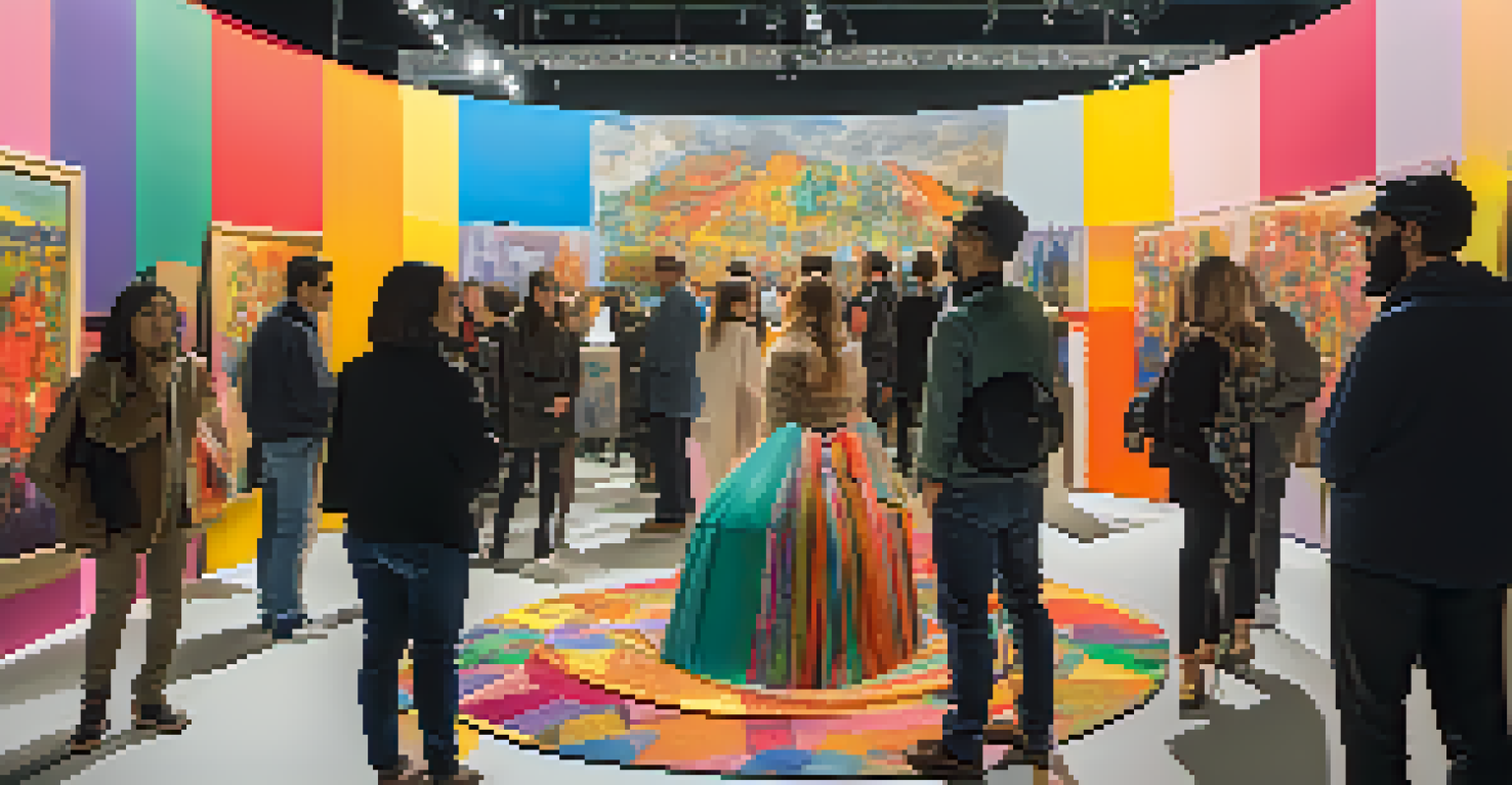 A colorful art installation at a luxury fair, with a diverse crowd admiring various styles of art under bright lighting.