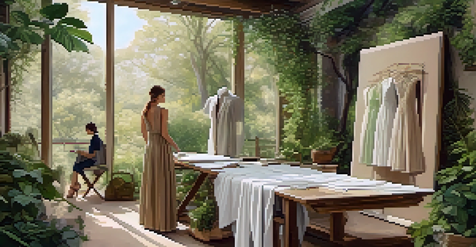 A fashion designer sketching a dress made from organic cotton in a lush, green landscape.