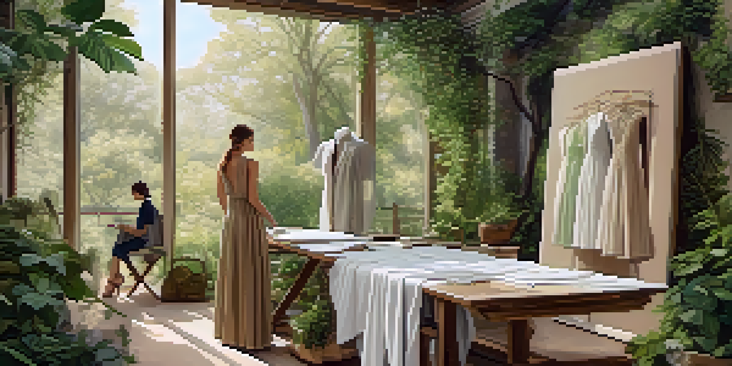 A fashion designer sketching a dress made from organic cotton in a lush, green landscape.