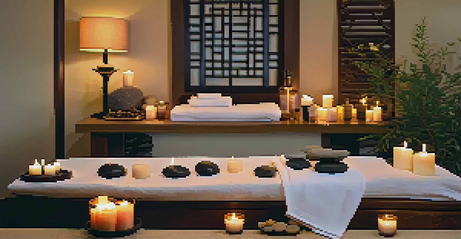 A hot stone massage setup in a spa, with a treatment table, candles, and essential oils for relaxation.
