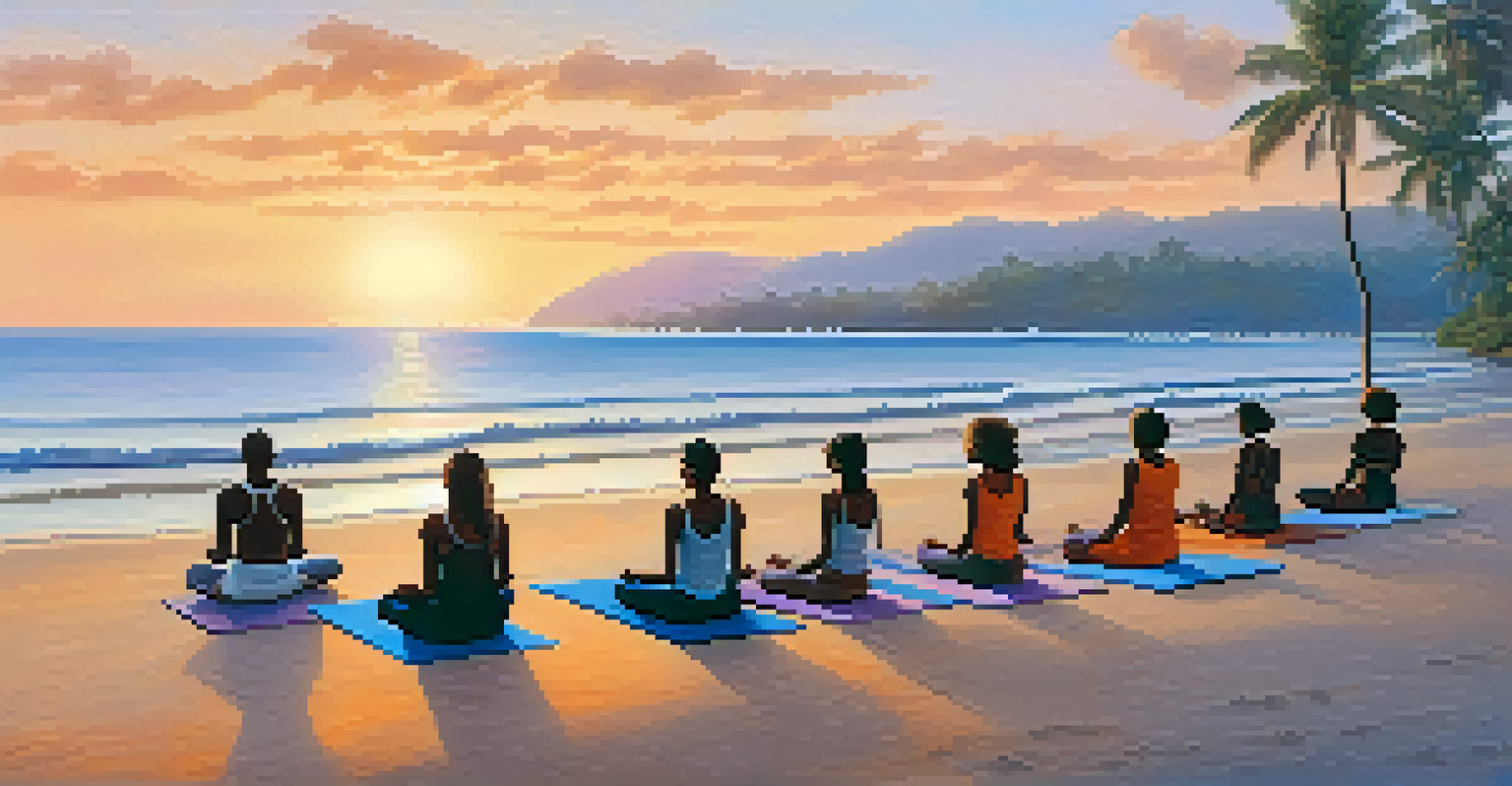 A yoga class on a beach in Papua New Guinea at sunrise, with participants practicing against a backdrop of gentle waves.
