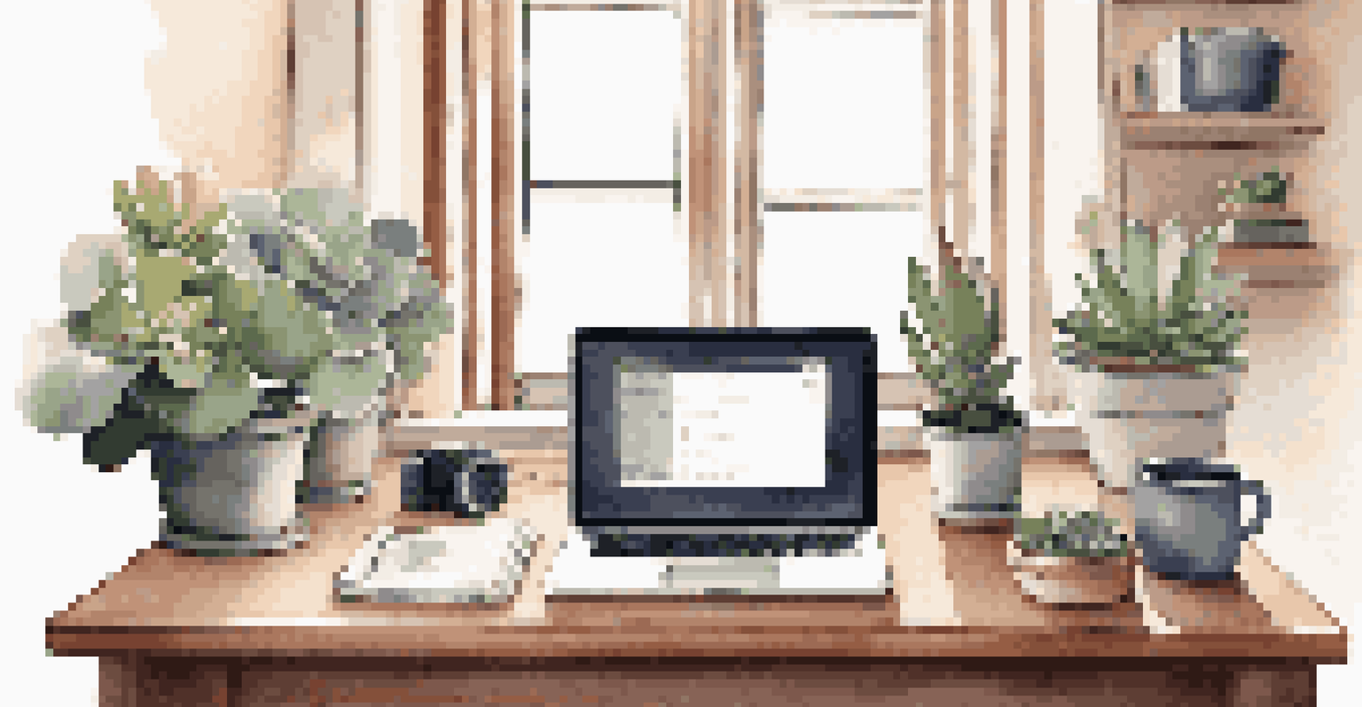 An elegant workspace with a laptop, notebooks, and a succulent, bathed in soft natural light, conveying tranquility and productivity.