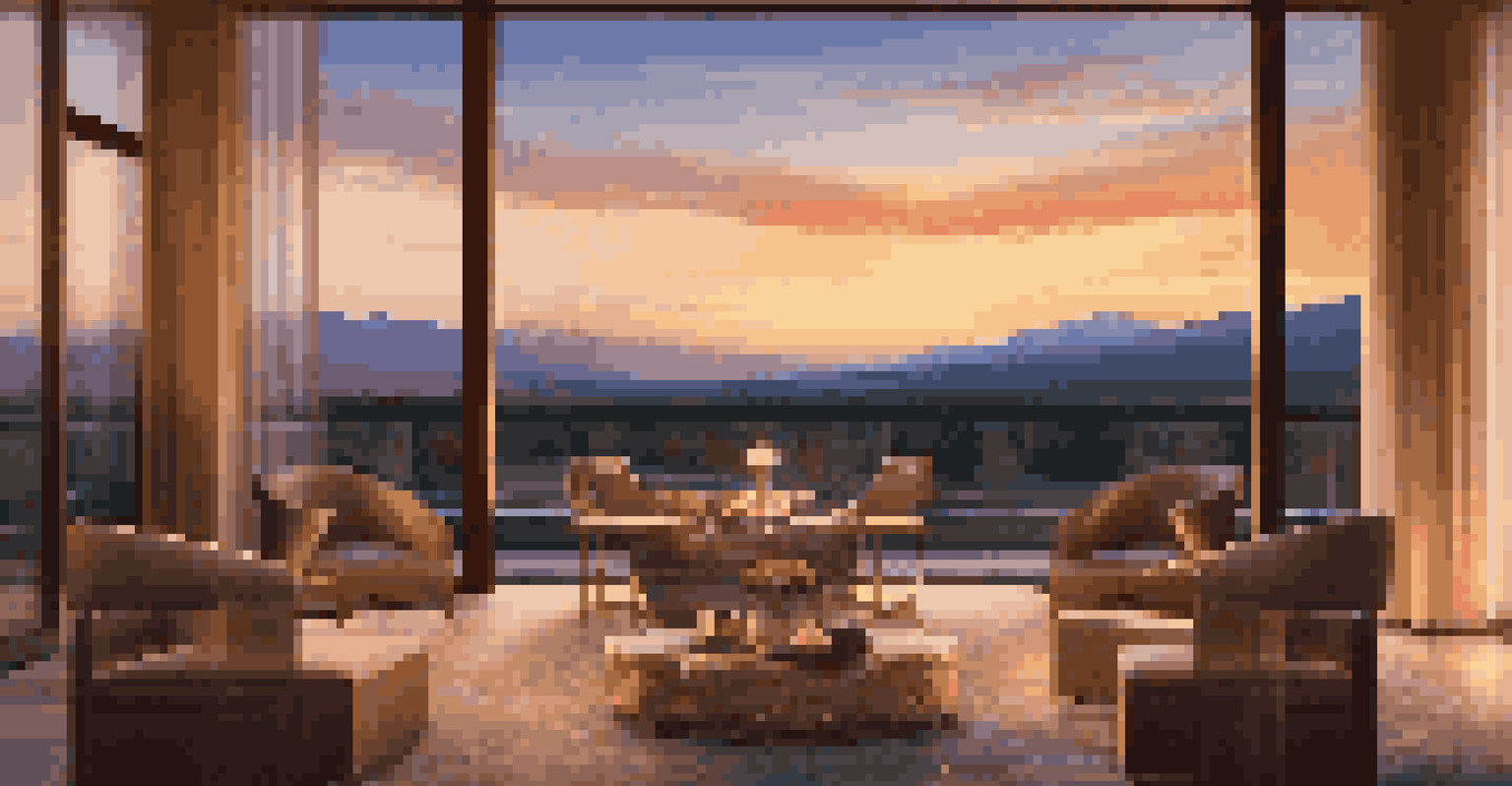 A breathtaking sunset view from the Ritz-Carlton Almaty with the Tian Shan mountains, featuring guests dining on a balcony surrounded by golden light.