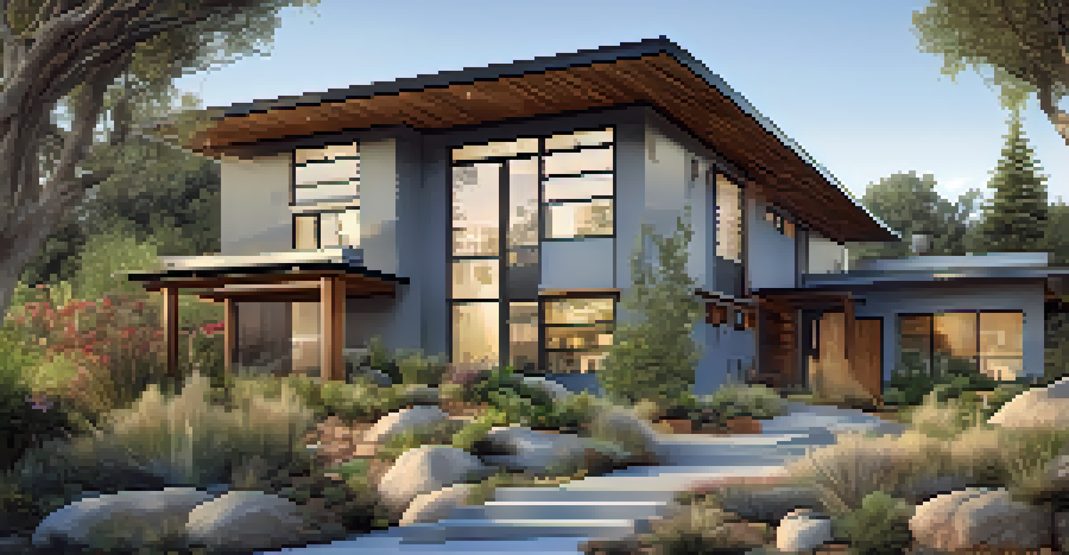 An elegant home surrounded by drought-resistant plants and a rainwater harvesting system, under a bright blue sky.