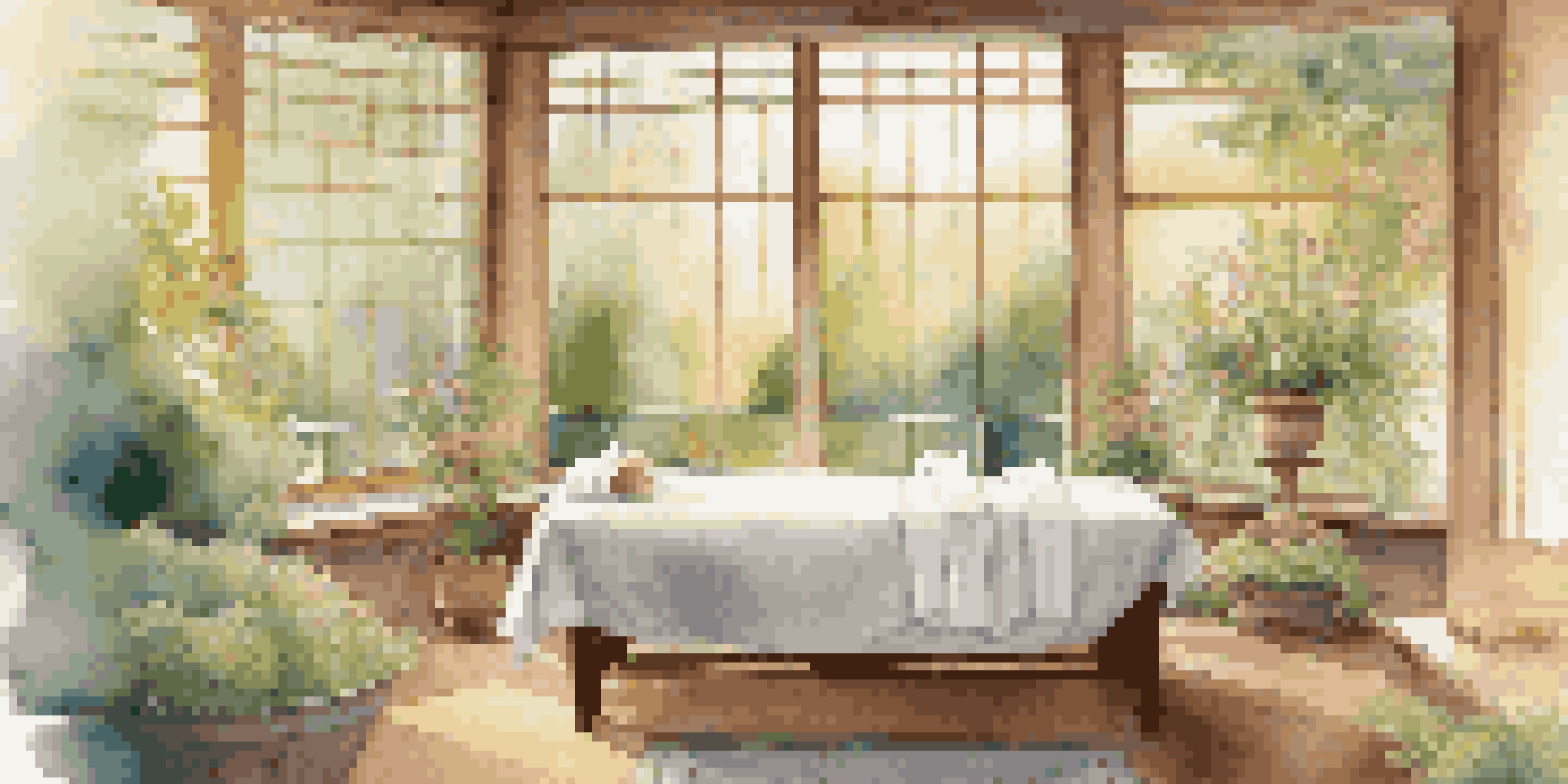 A luxurious spa room with a massage table, candles, and a view of a beautiful garden.