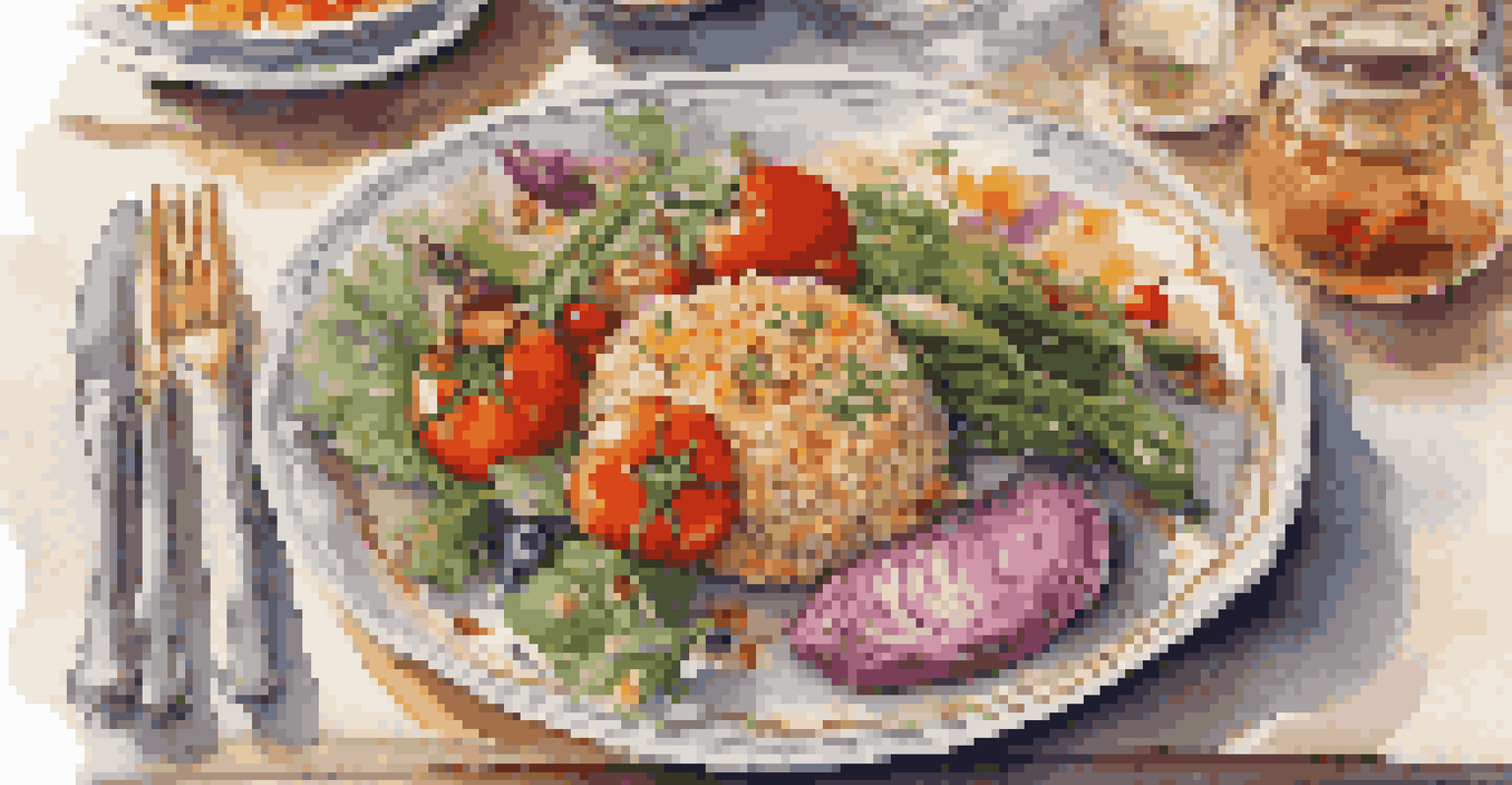 A beautifully arranged gourmet meal with fresh ingredients on a dining table.
