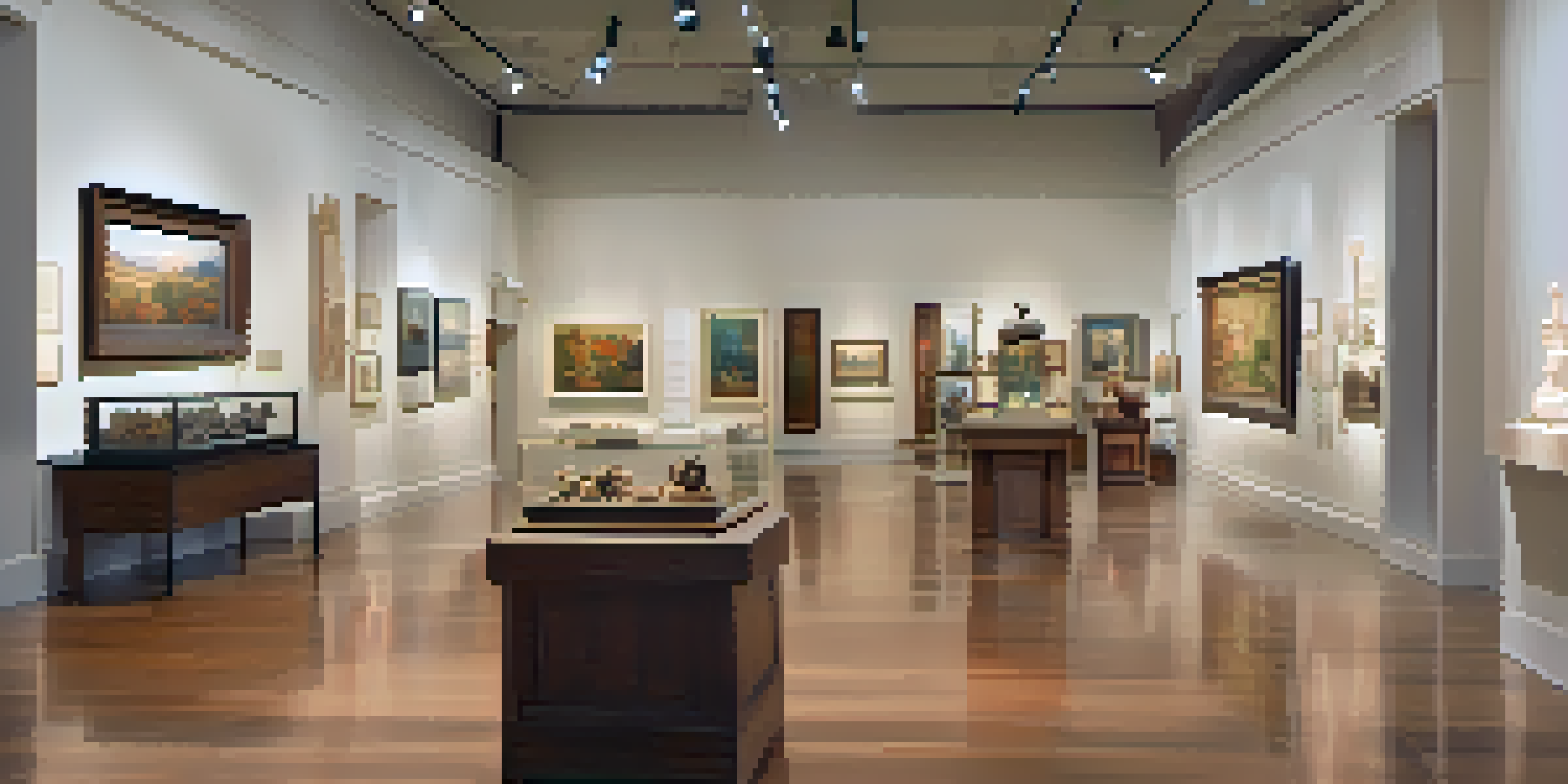 A museum gallery filled with cultural artifacts and art pieces, warmly lit with diverse visitors engaging with the exhibits.