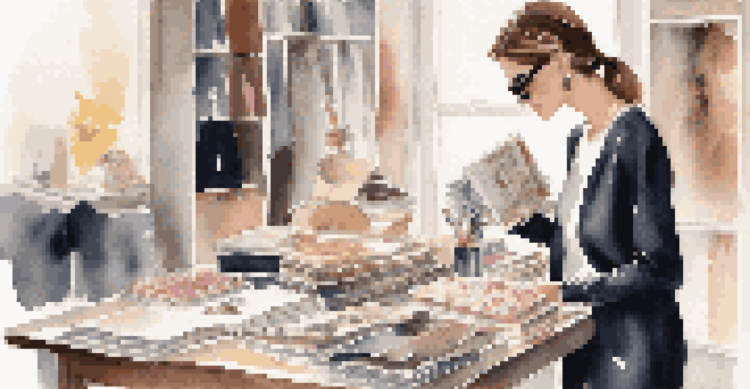 A fashion editor arranging clothing and accessories on a table, with a warm-lit studio background.