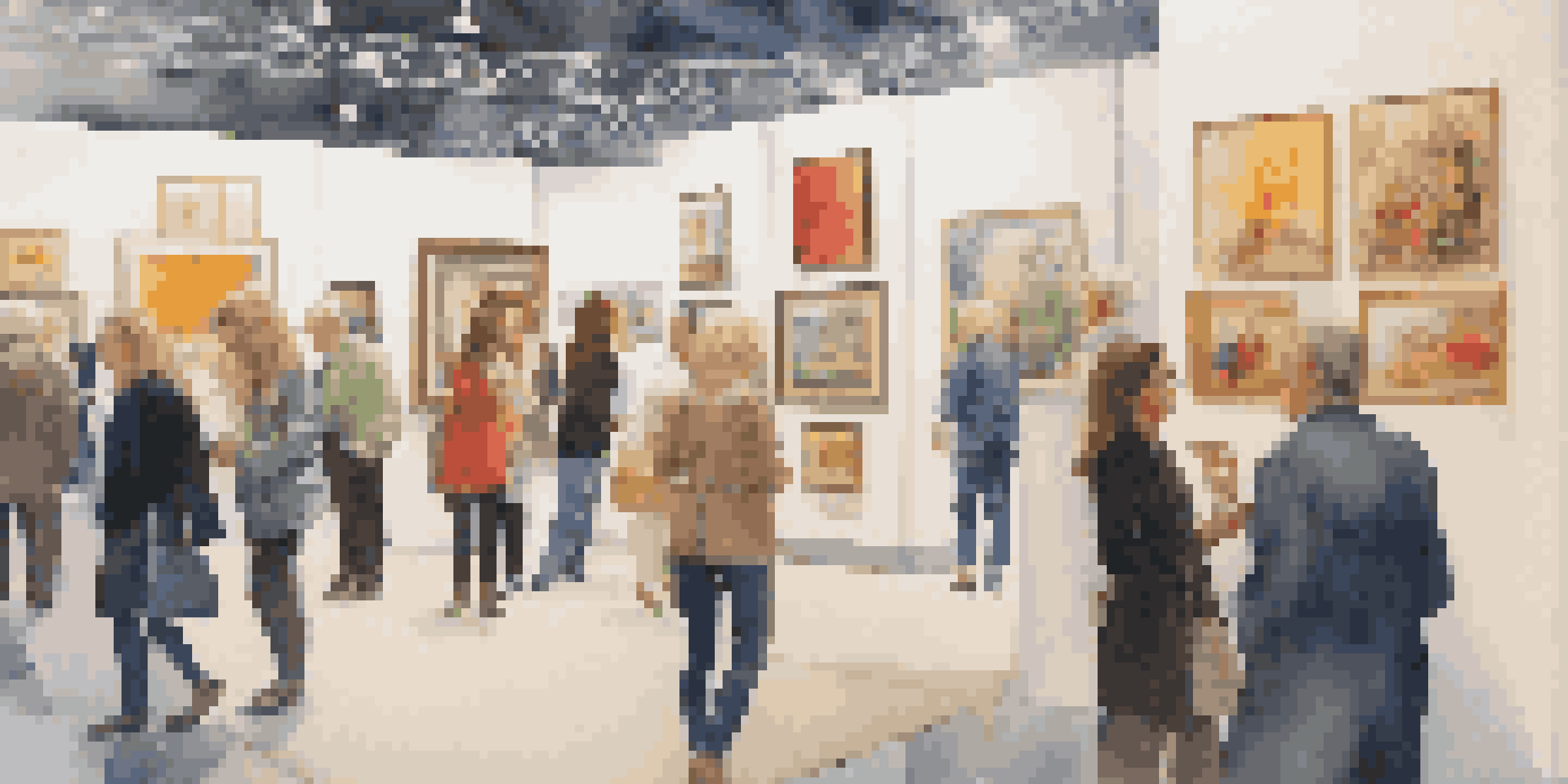 An art fair booth showcasing colorful contemporary artworks with a gallery representative interacting with collectors.