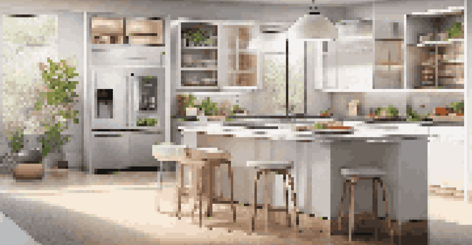 A high-tech kitchen featuring a smart refrigerator connected to a smartphone app, illustrating advanced kitchen technology and design.