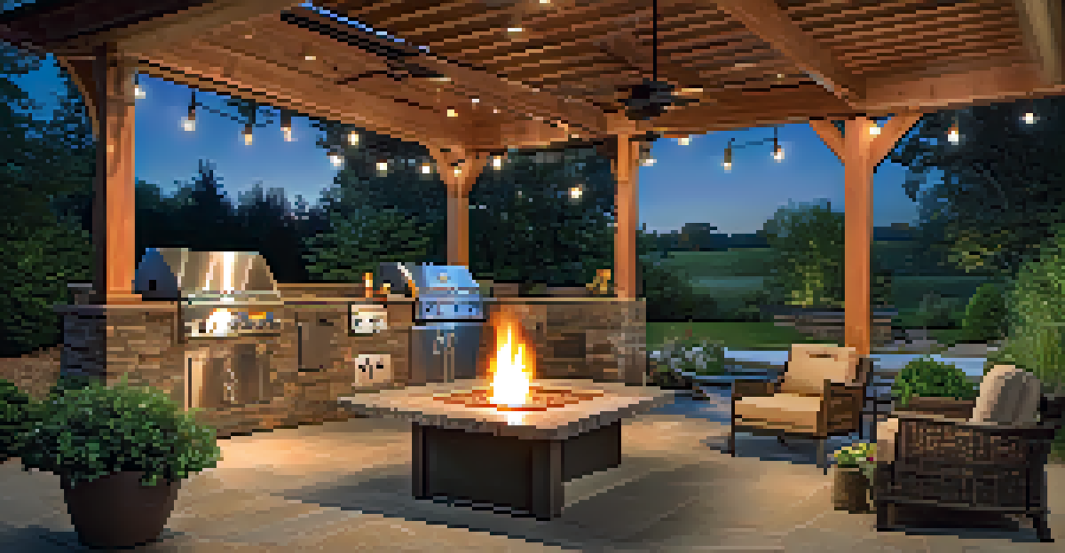 An inviting outdoor patio with comfortable seating, an outdoor kitchen, and a fire pit, surrounded by landscaping.