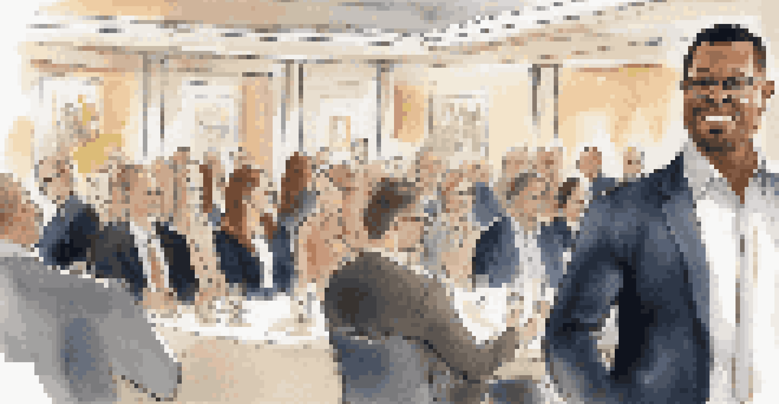 A confident professional delivering an elevator pitch to an engaged audience at a networking event.