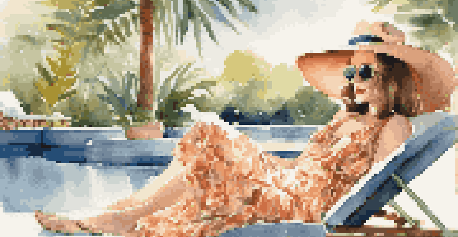 A woman in a sundress relaxing by the pool on a luxury cruise, with bright sunshine and tropical plants around her.