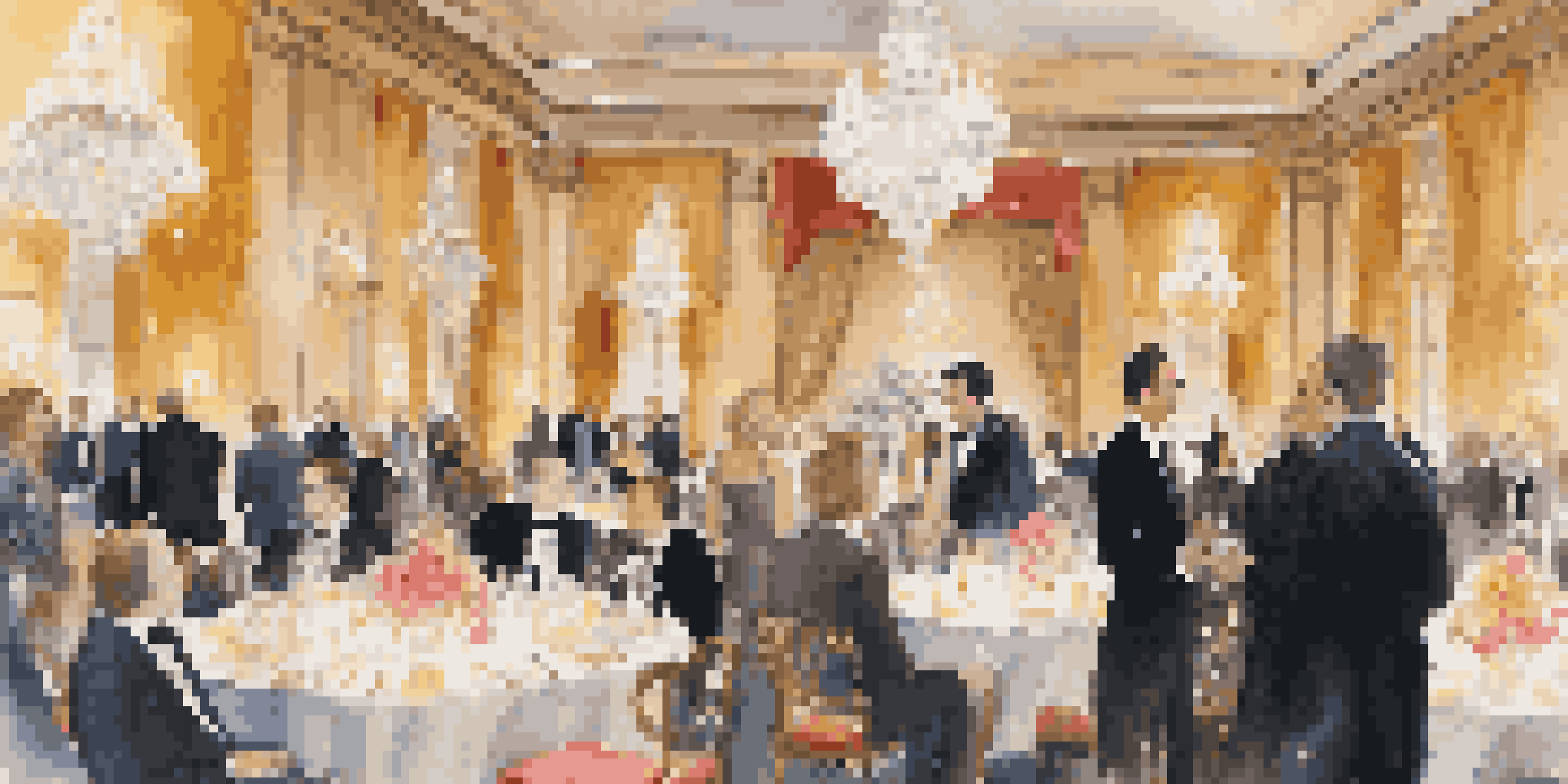 A lavish ballroom filled with professionals in formal attire, engaged in networking conversations under elegant chandeliers.