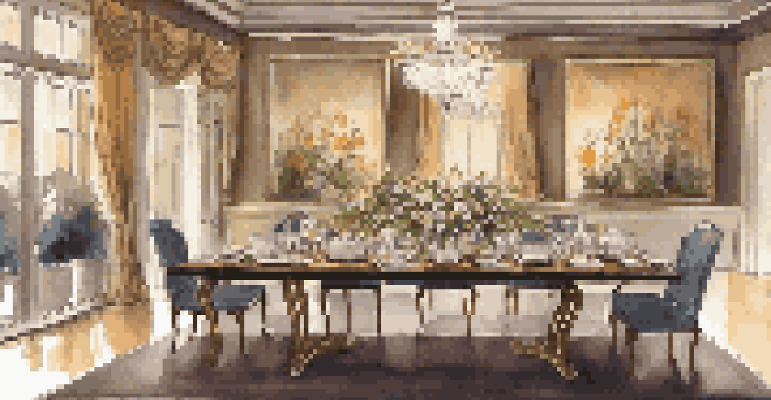 An elegantly styled dining area with a wooden table set for a meal.