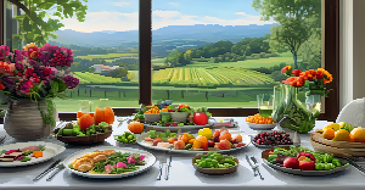 A beautifully arranged farm-to-table dining setup with organic produce and a scenic view of hills in the background.