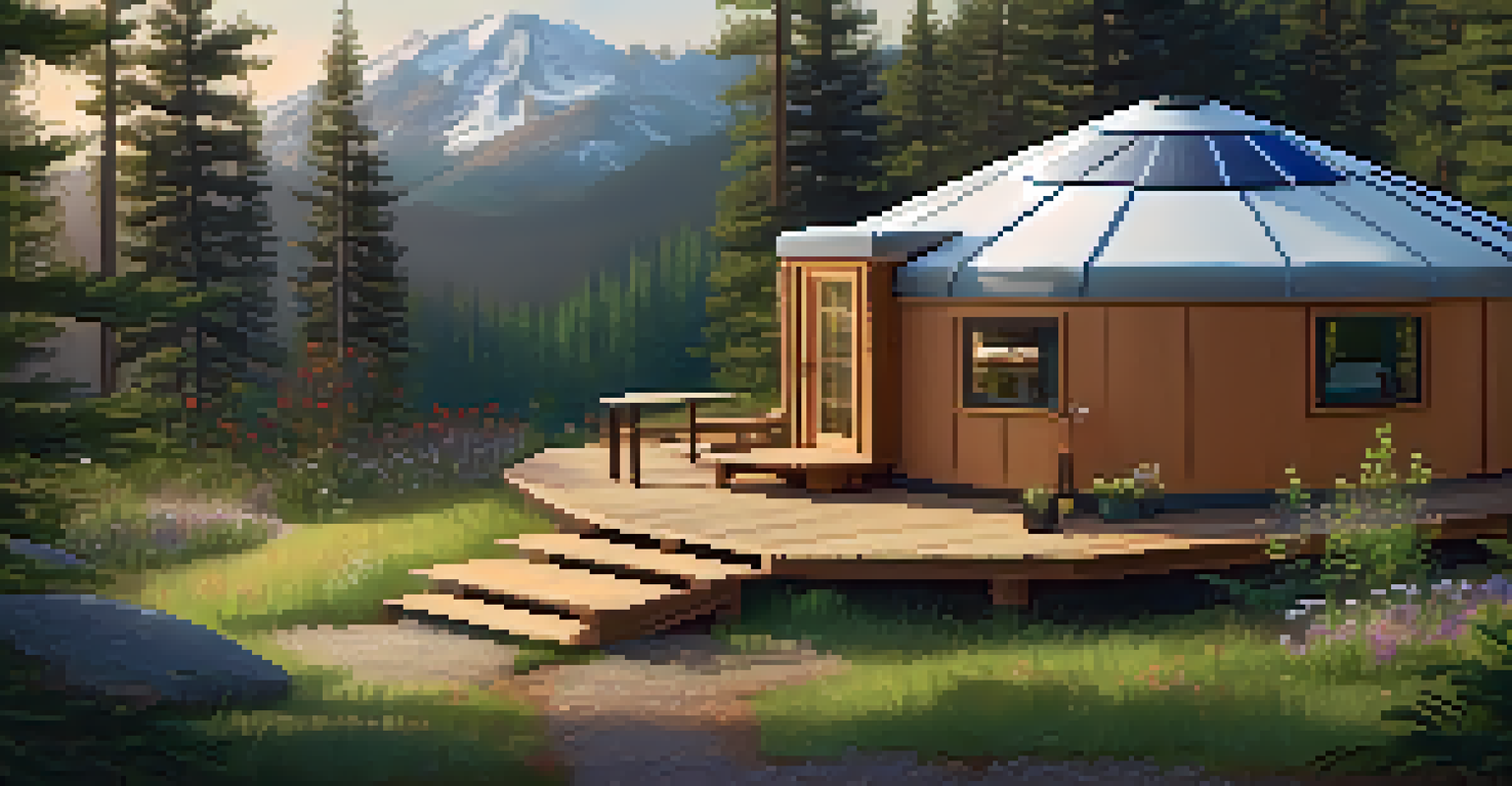 An eco-friendly glamping yurt in a natural setting, with large windows, solar panels on the roof, and blooming wildflowers in the foreground.