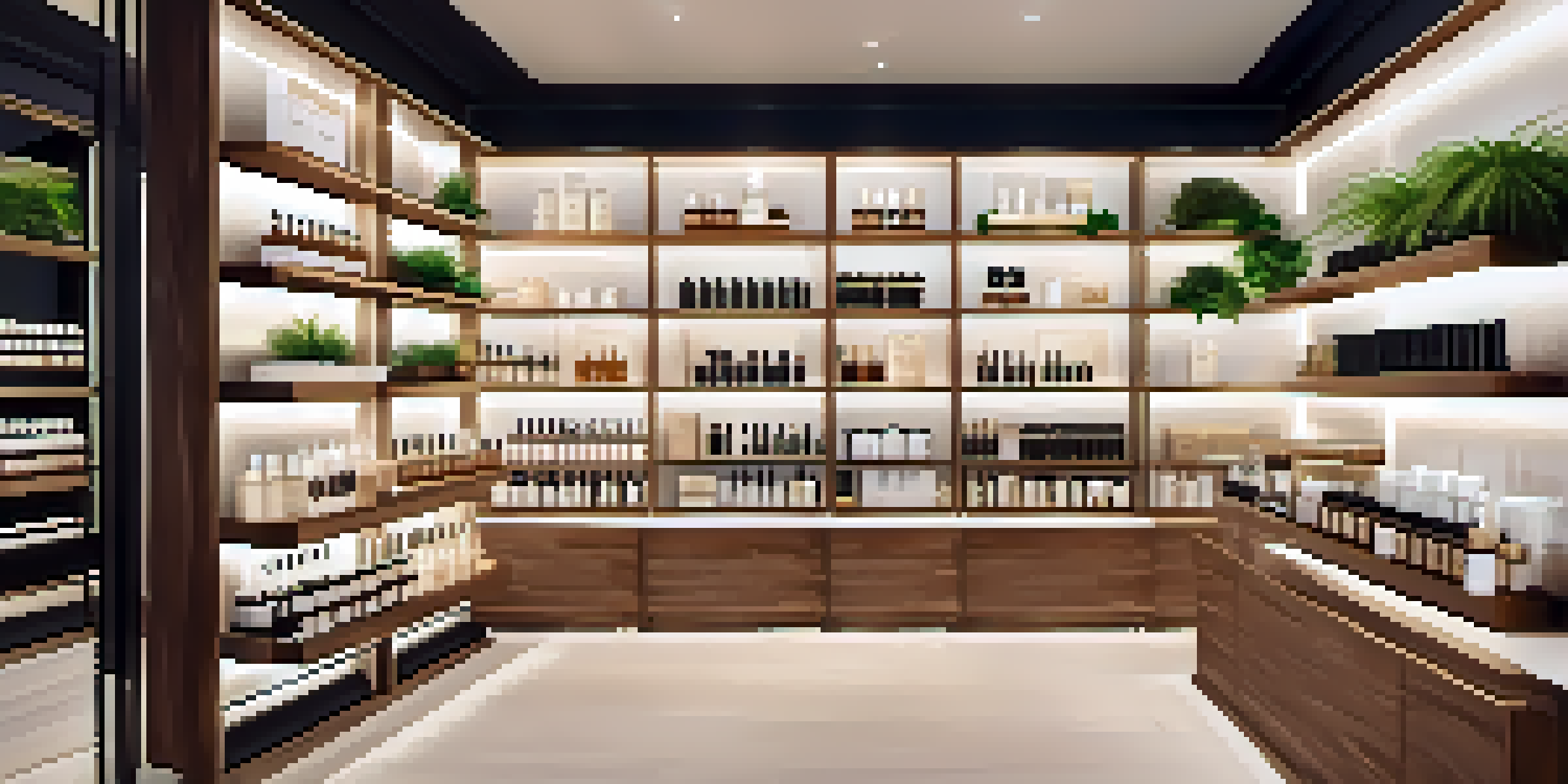 An elegant skincare boutique with wooden shelves displaying various skincare products in glass containers, with soft lighting and greenery.