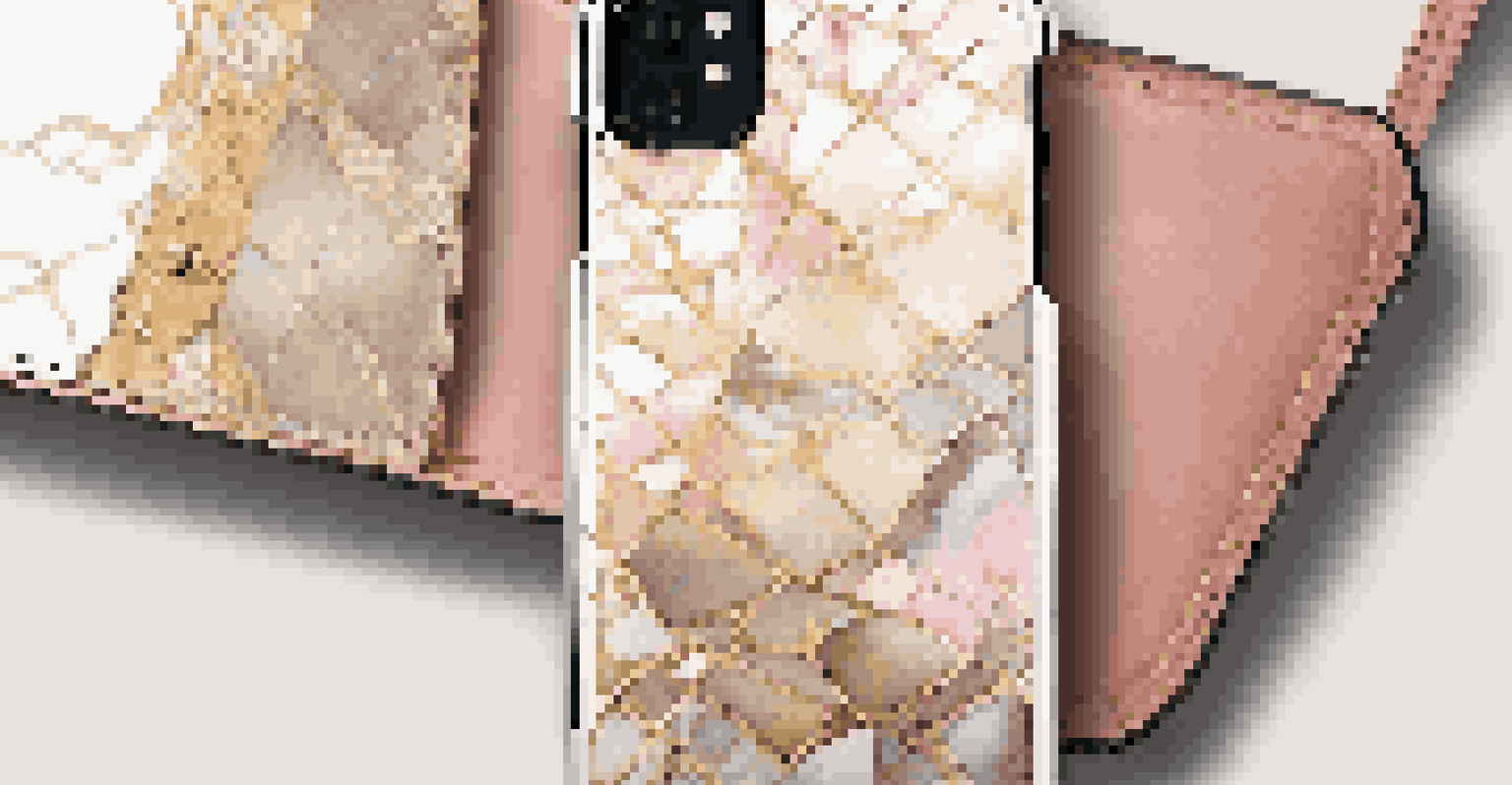 A chic leather smartphone case with gold accents on a reflective surface, surrounded by sunglasses and a bracelet.