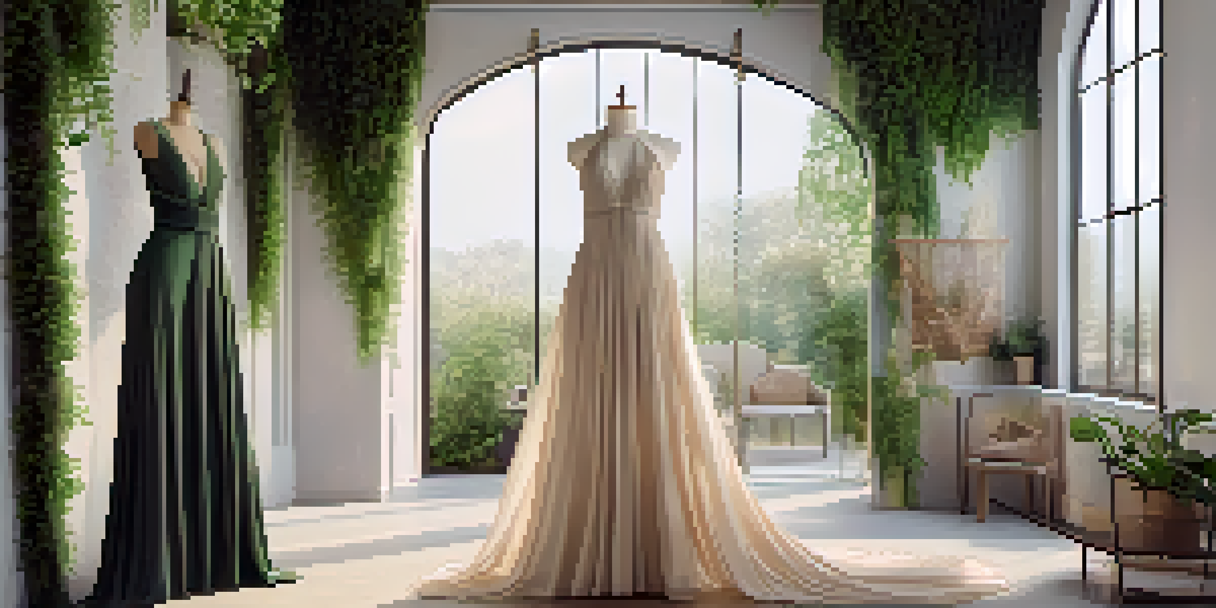 A high-end dress made from sustainable materials displayed in a fashion studio, surrounded by greenery and eco-friendly fabrics.