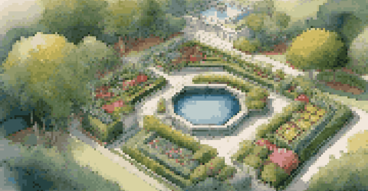 Aerial view of a beautifully landscaped garden with geometric flower beds and a pond.