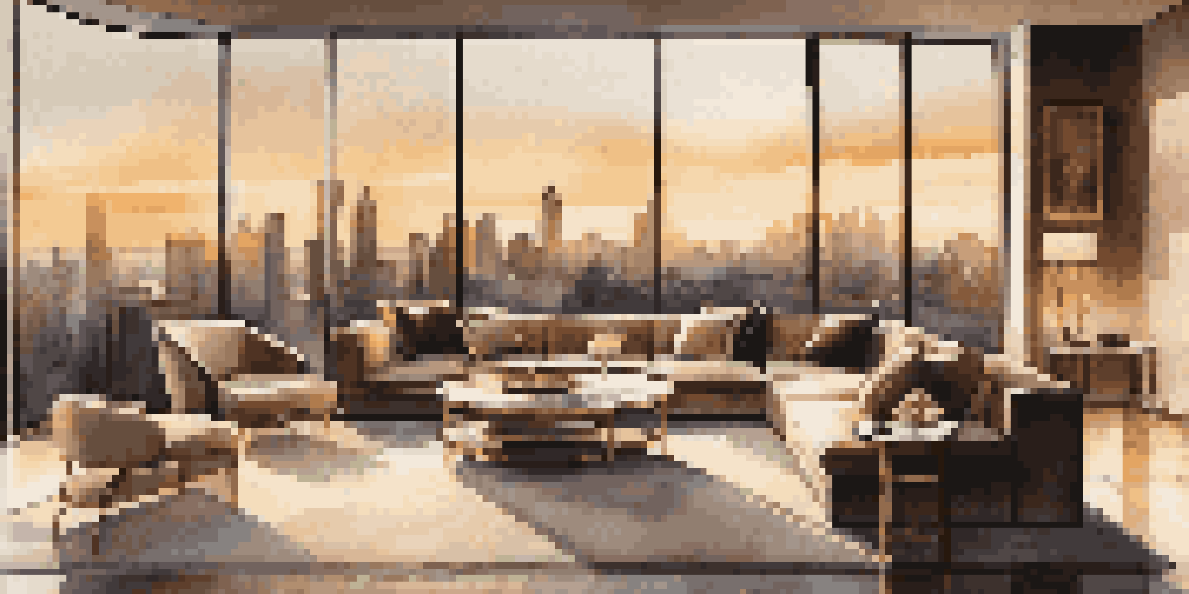 A modern living room with large windows showcasing a city skyline at sunset, filled with elegant furniture and warm lighting.