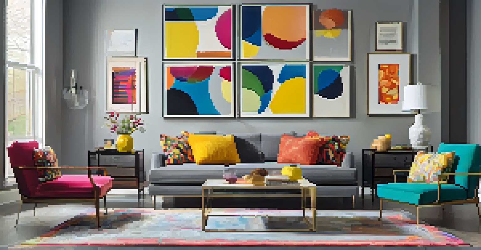 A room with a bright yellow armchair and a patterned accent chair against a gray wall, decorated with colorful artwork and pillows.