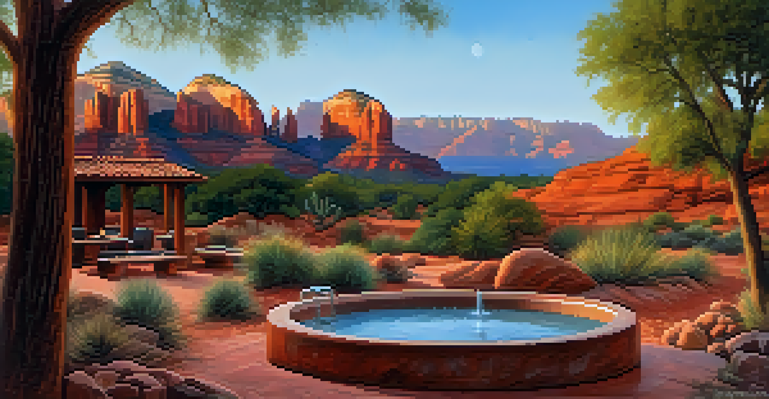 A tranquil outdoor spa in Sedona, Arizona, with red rock formations and a stream at sunset, enhancing relaxation.