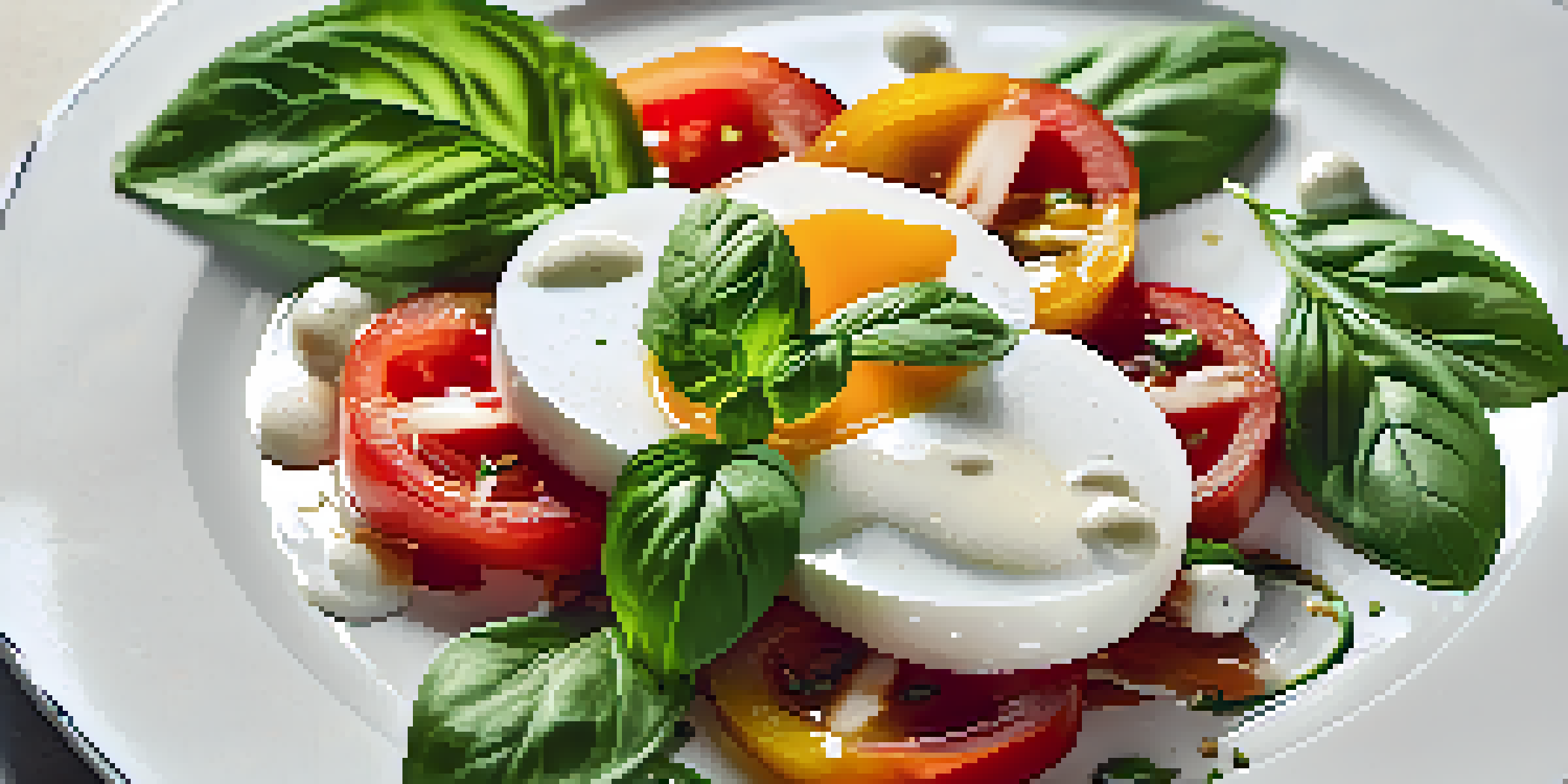 A gourmet caprese salad with heirloom tomatoes, buffalo mozzarella, and basil, elegantly plated on a white dish.