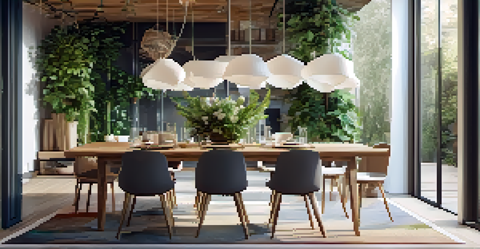 A chic dining area with a reclaimed wood table and sliding doors that connect to a lush garden.