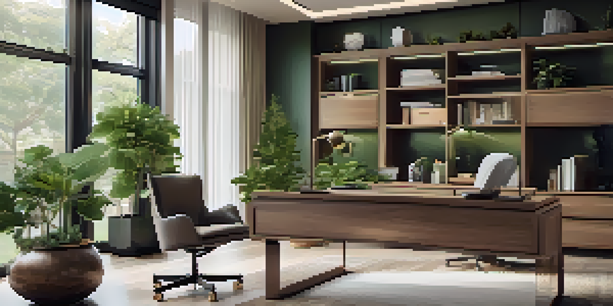 A modern luxurious home office with large windows and a garden view, featuring elegant wooden furniture and high-tech gadgets.