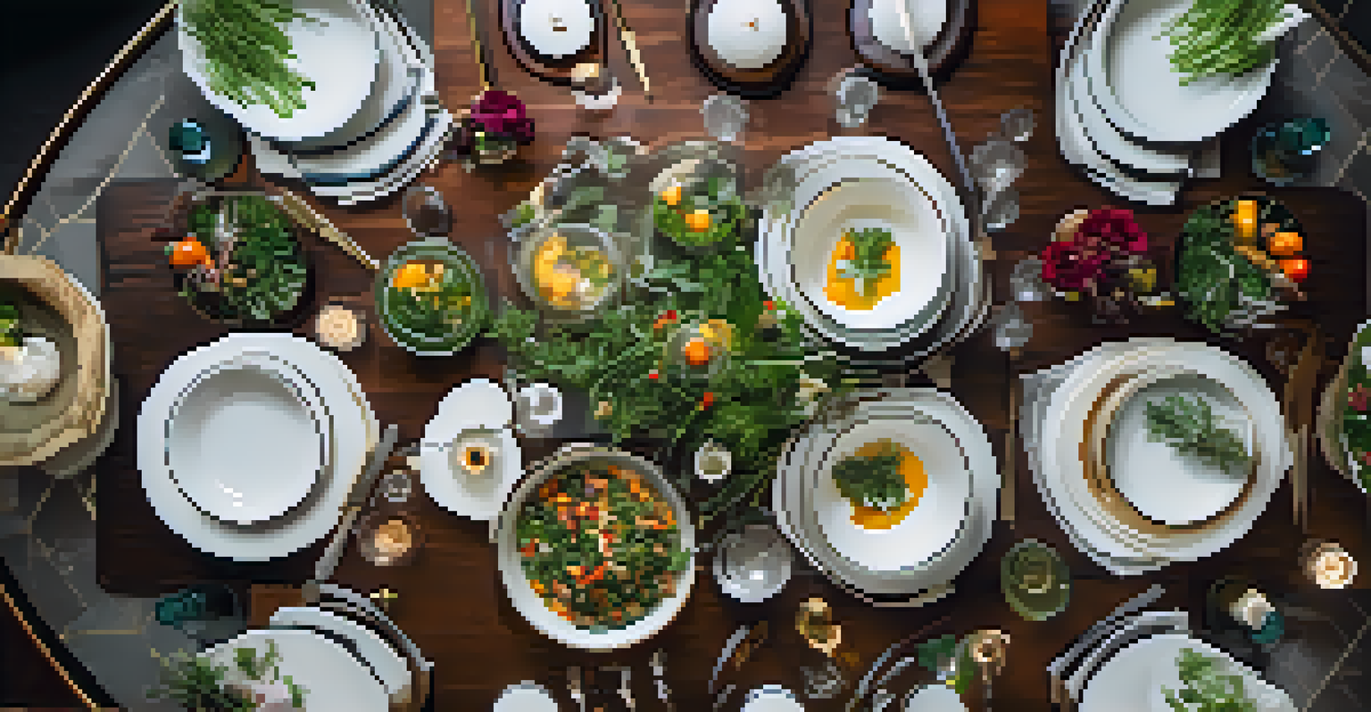 An elegant dining table set with gourmet dishes and fine tableware, illuminated by soft candlelight.