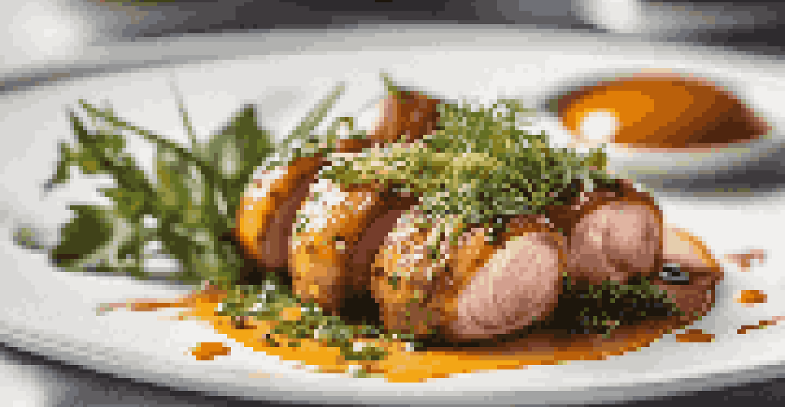 A close-up of a gourmet dish on a white plate, highlighting fine details and garnishes with a blurred background.