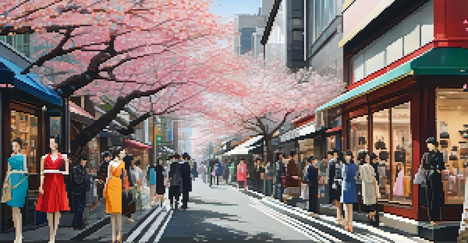 A vibrant street scene in Tokyo featuring unique fashion displays, cherry blossoms, and passersby admiring avant-garde styles.
