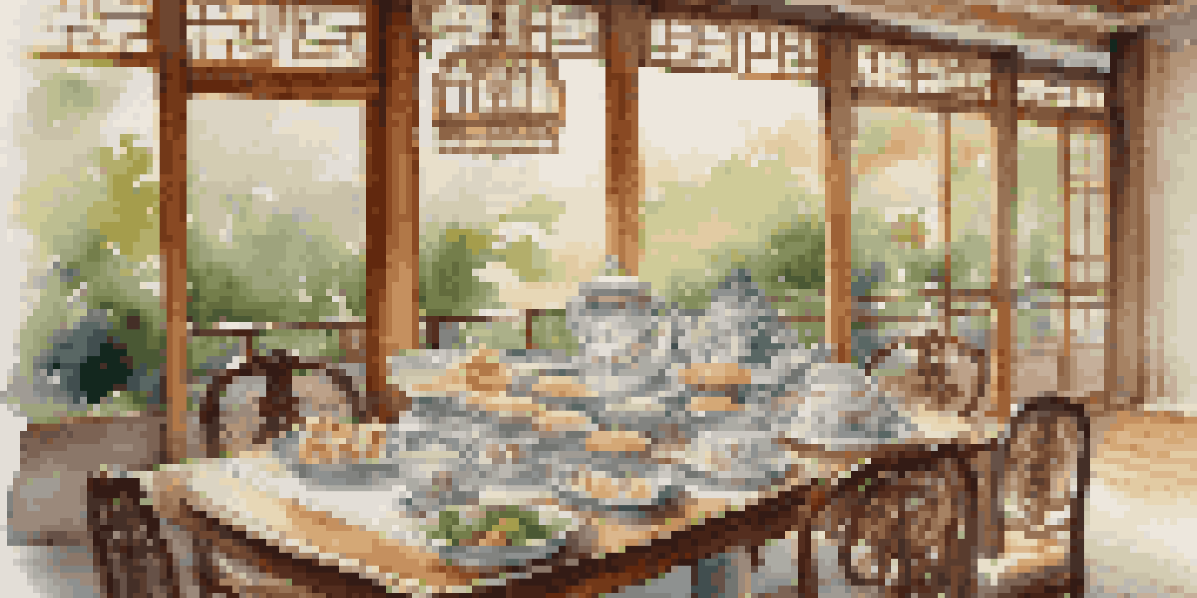 A cozy luxury tea house with wooden furniture, ambient lighting, and porcelain tea sets, surrounded by lush greenery.