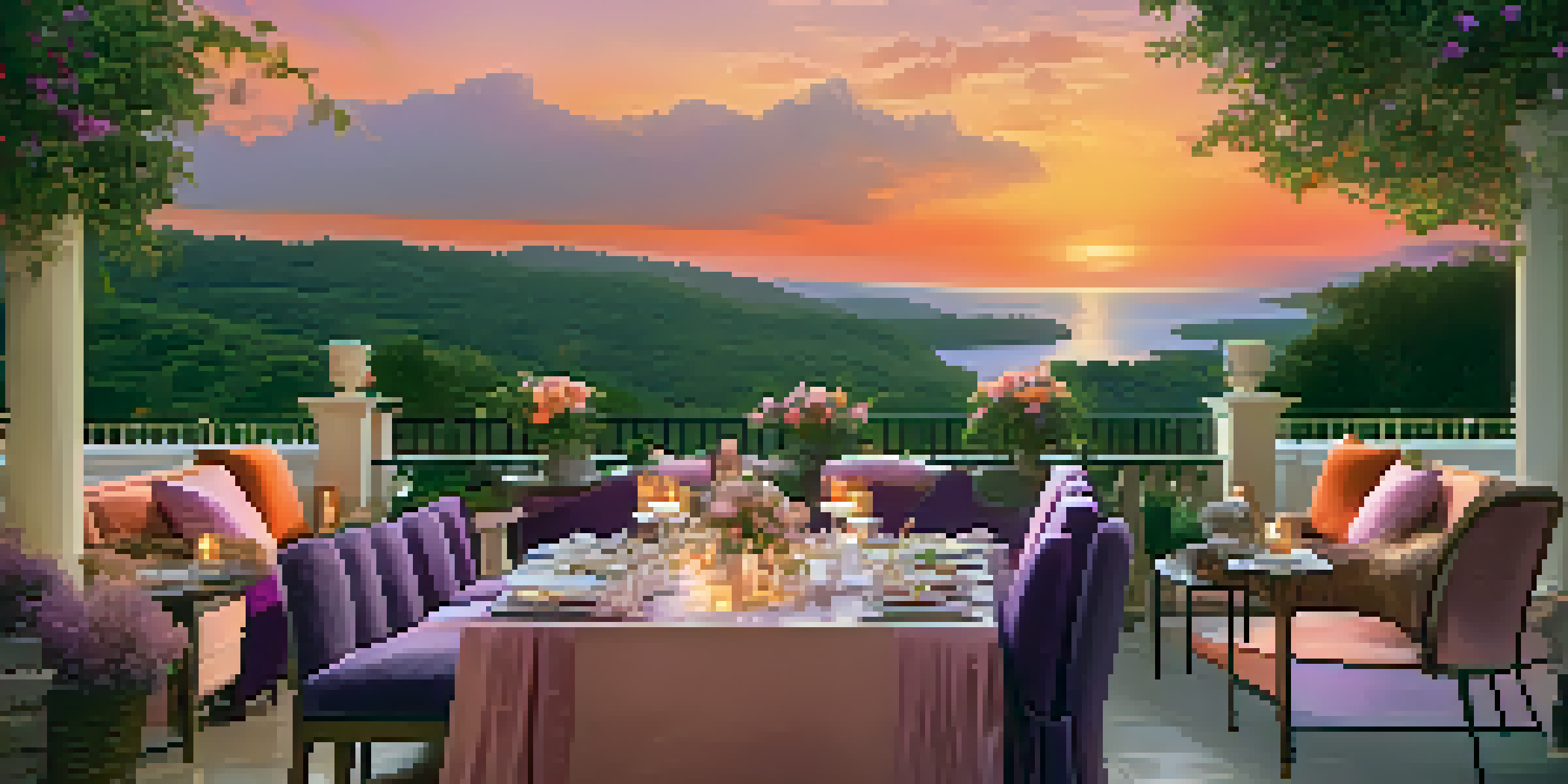 An elegant outdoor terrace with a stunning sunset view, featuring gourmet dishes and lush greenery.
