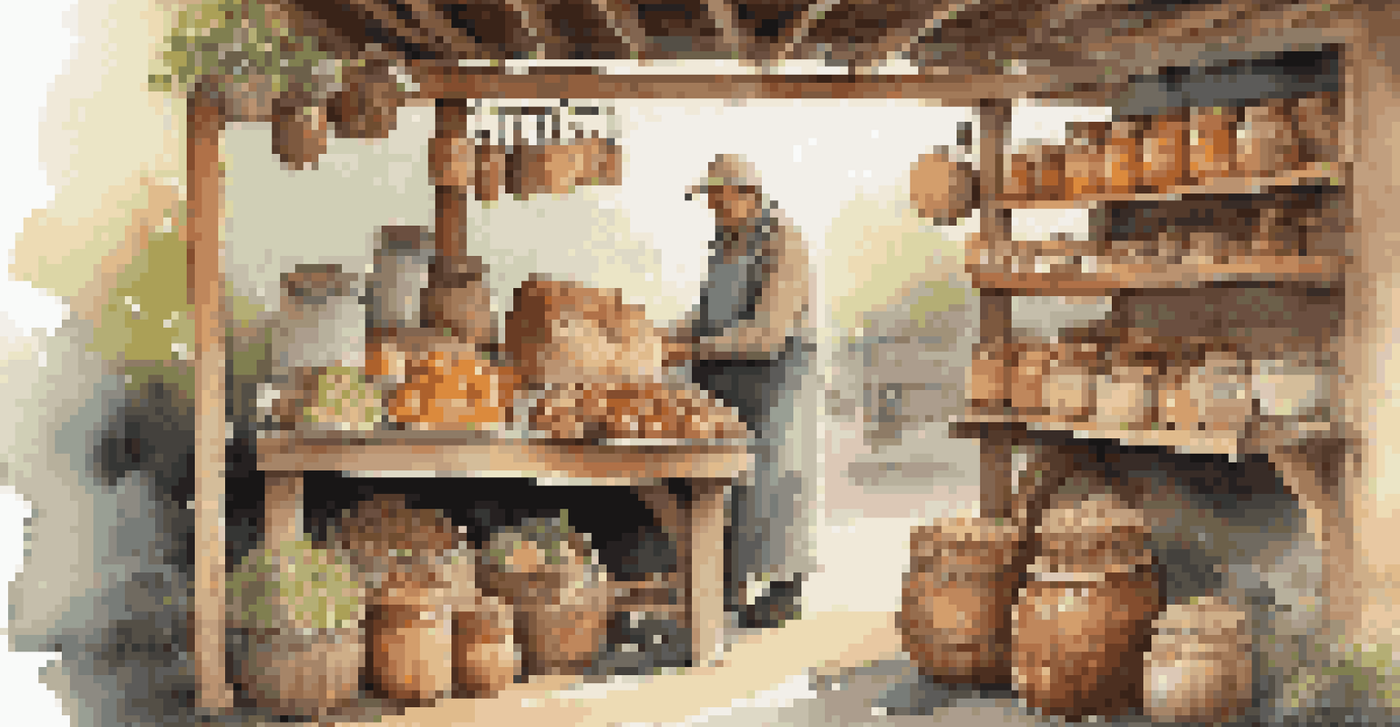 A farmer at their stall showcasing homemade goods like jams, cheeses, and bread, with a rustic setup and soft morning light creating a cozy atmosphere.