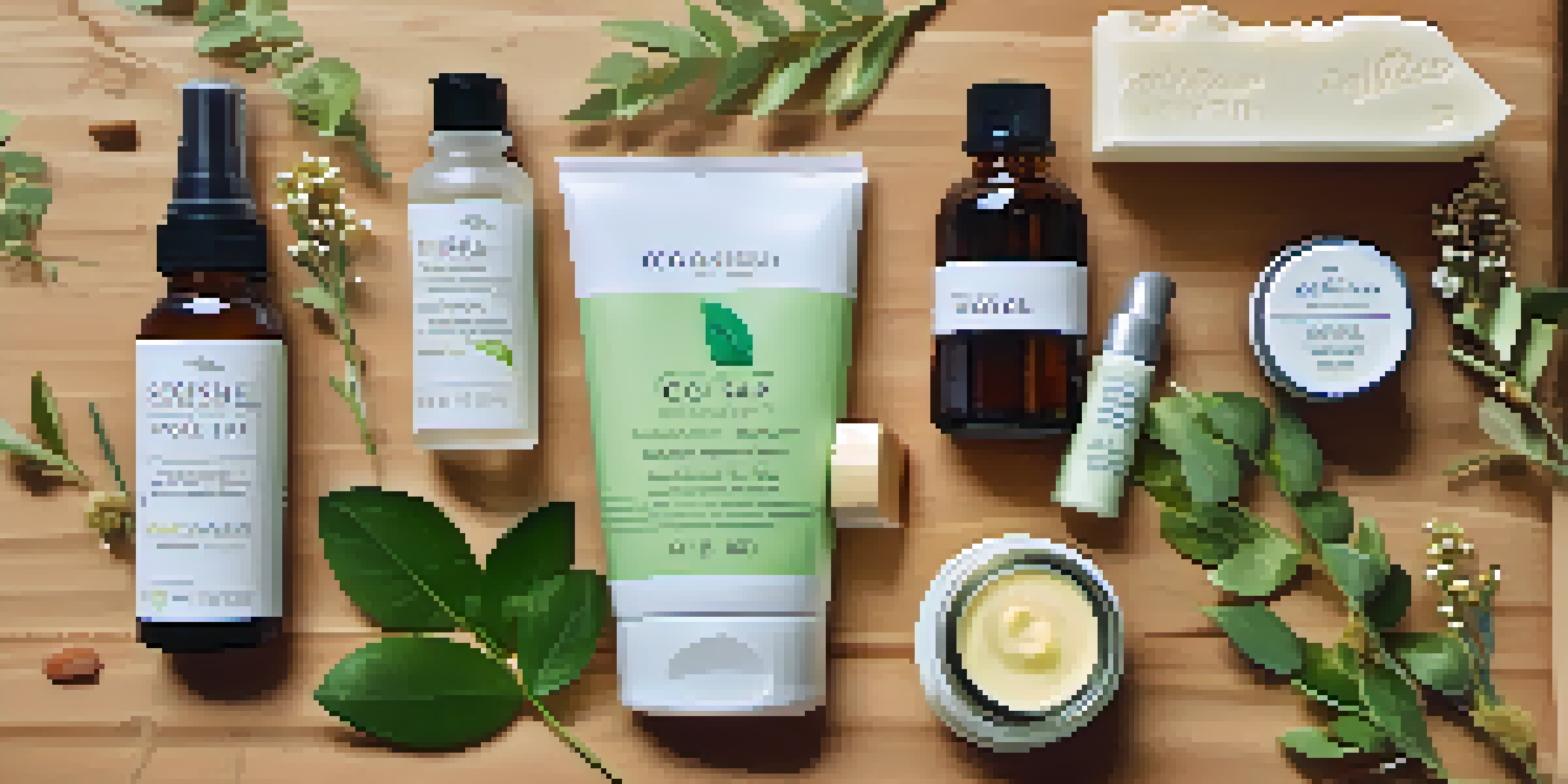 A flat lay of eco-friendly personal care products, including a glass jar of moisturizer, a bottle of essential oils, and a bar of soap, surrounded by green leaves and flowers.