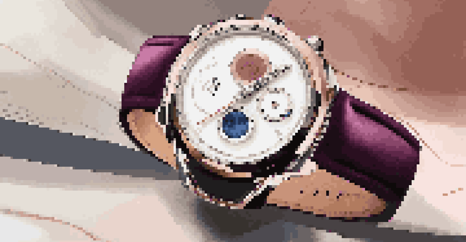 A sleek luxury smartwatch on a velvet surface, displaying health metrics, surrounded by stylish accessories, emphasizing luxury and sophistication.