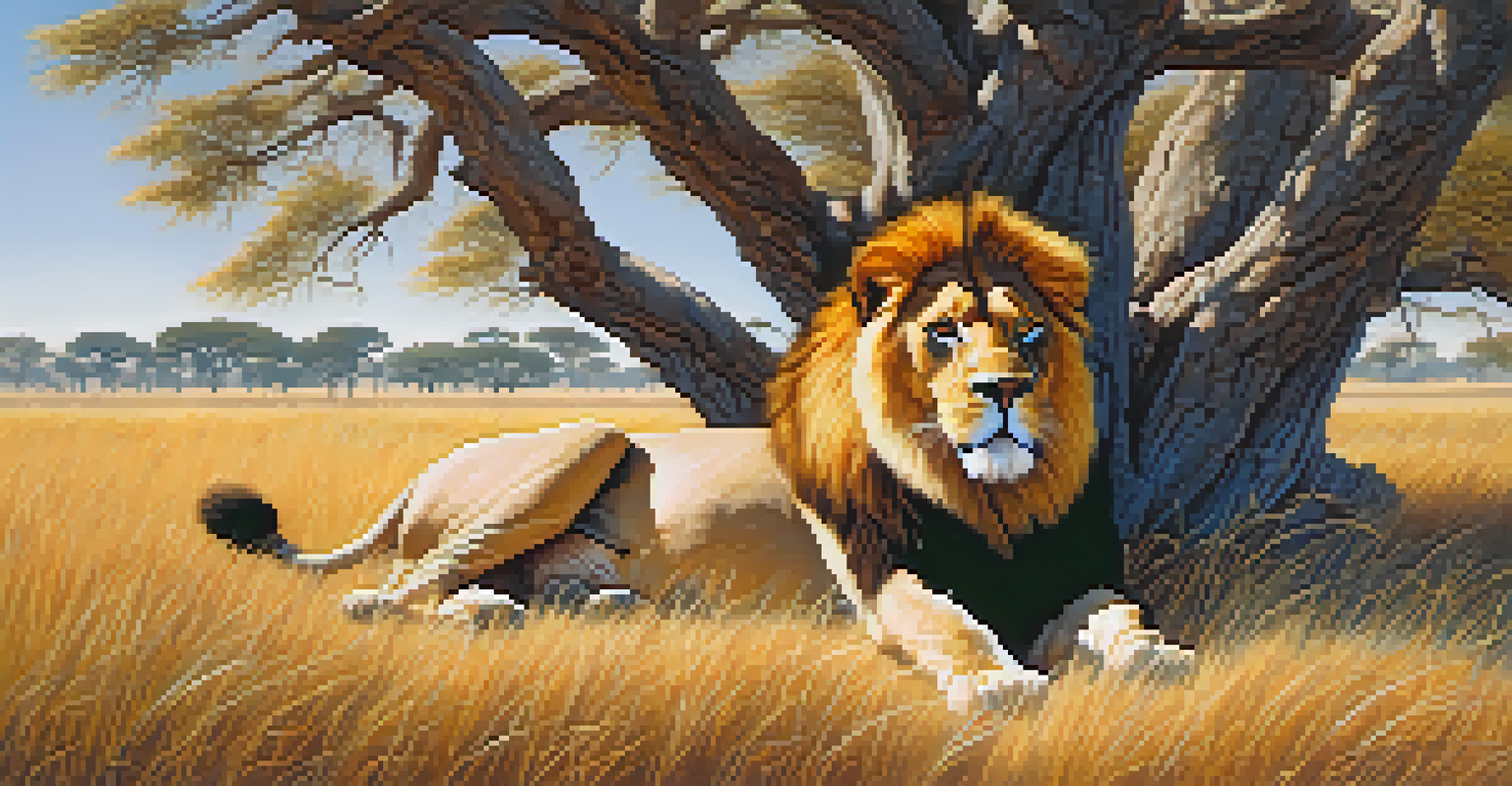 A close-up of a lion resting in the savannah, with golden grass and a clear blue sky in the background.