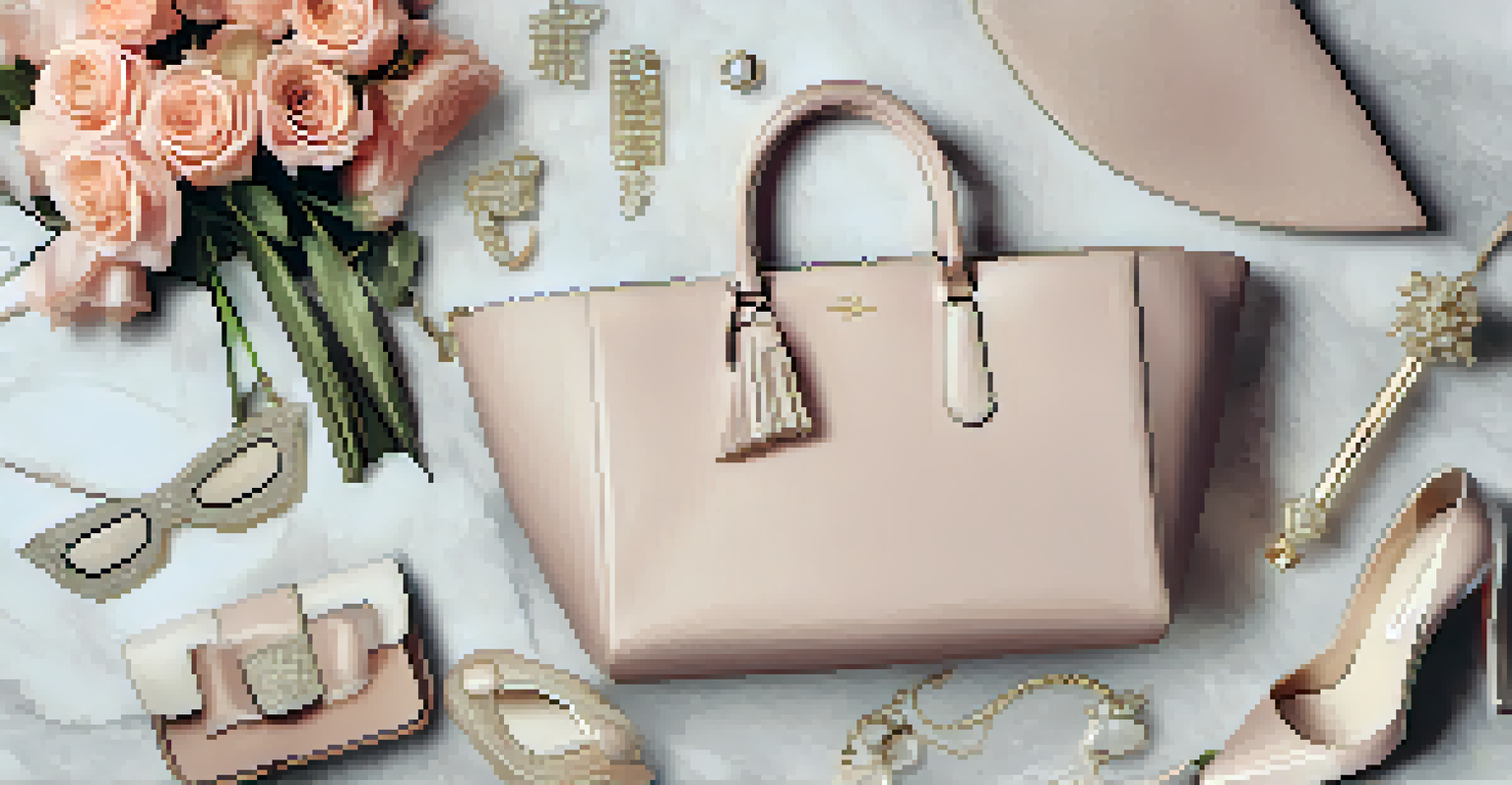 A flat lay of luxury fashion items including handbags, shoes, and jewelry on a marble surface.